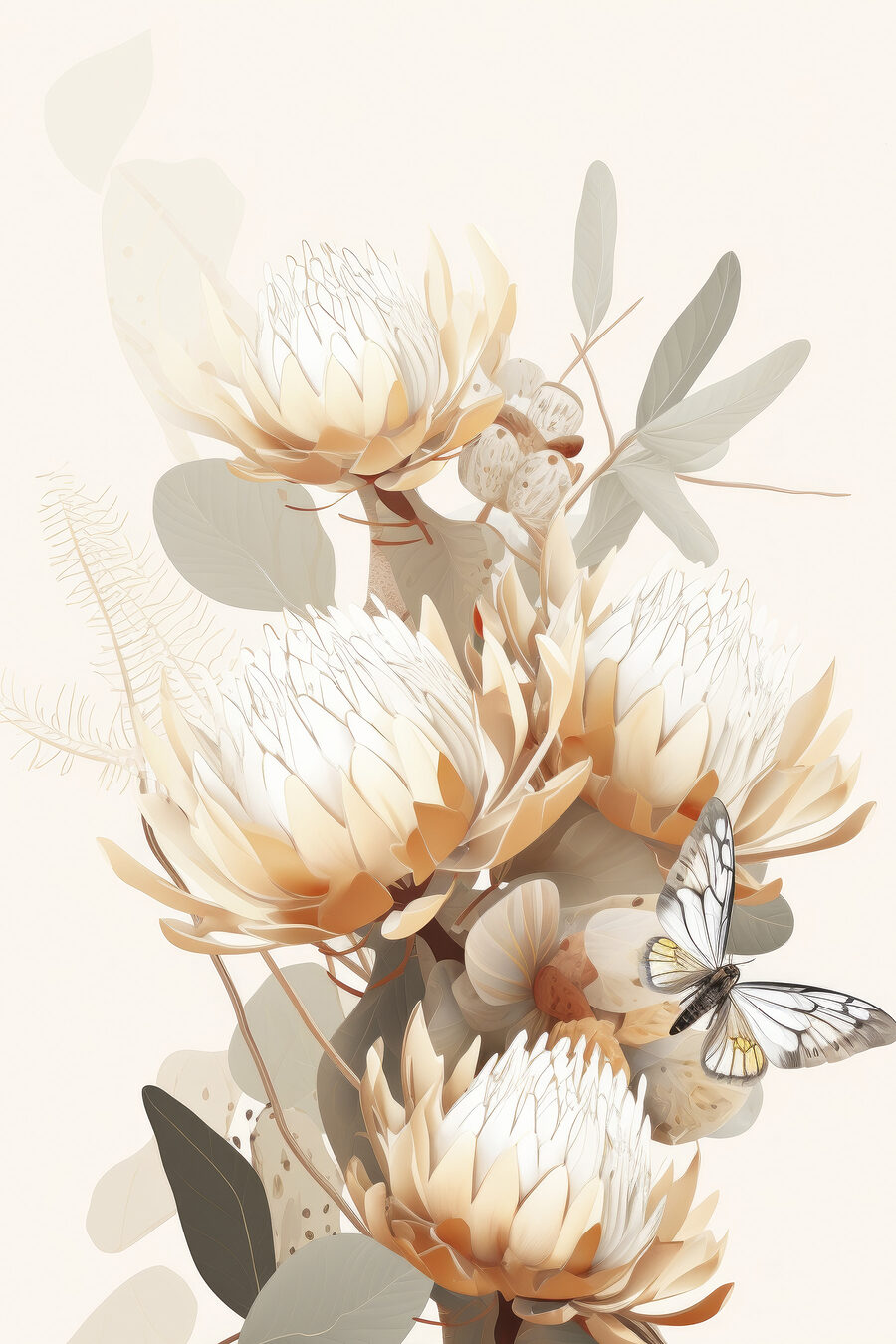 Blasse Proteas im Blattwerk — ganzes Design