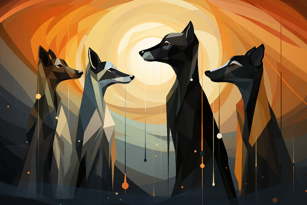 Vier Hunde im Sonnenlicht — ganzes Design