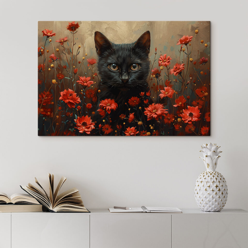 Schwarze Katze vor Rot in einem Interieur