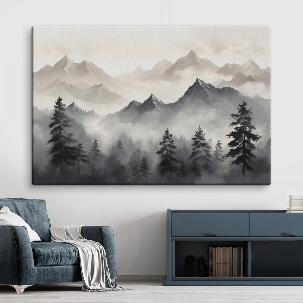Kiefern vor grauen Bergen in einem Interieur