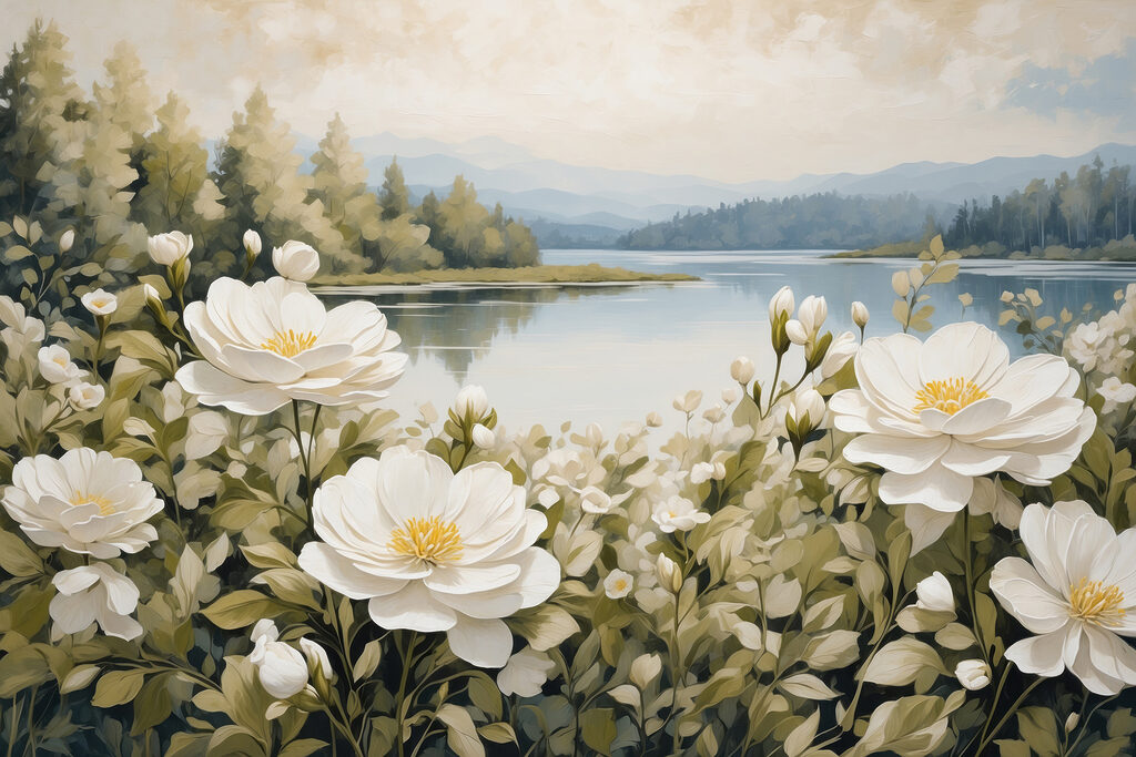Cremeweiße Blüten am Wasser — ganzes Design