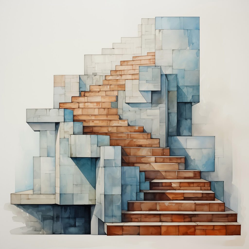 Treppe zwischen graublauen Formen — ganzes Design