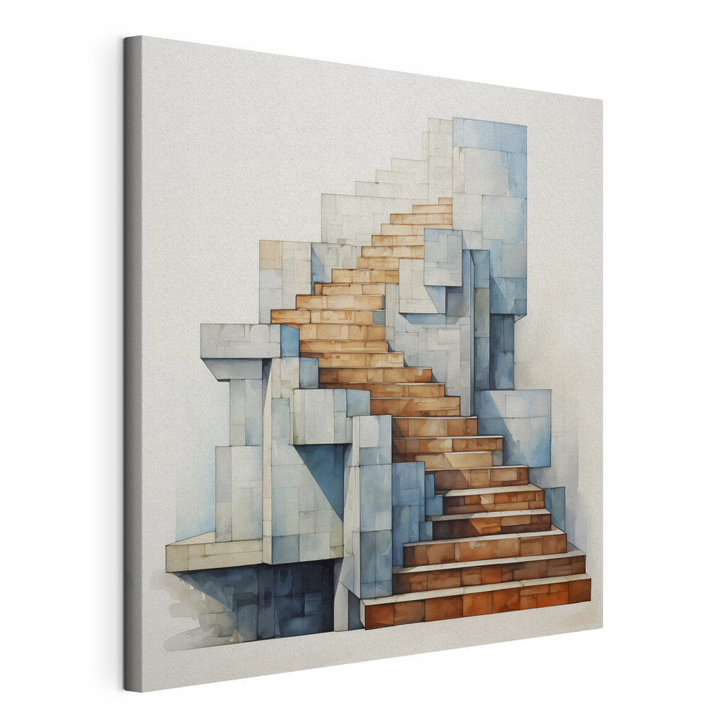 Treppe zwischen graublauen Formen, gespannte Leinwand mit umlaufender Kante