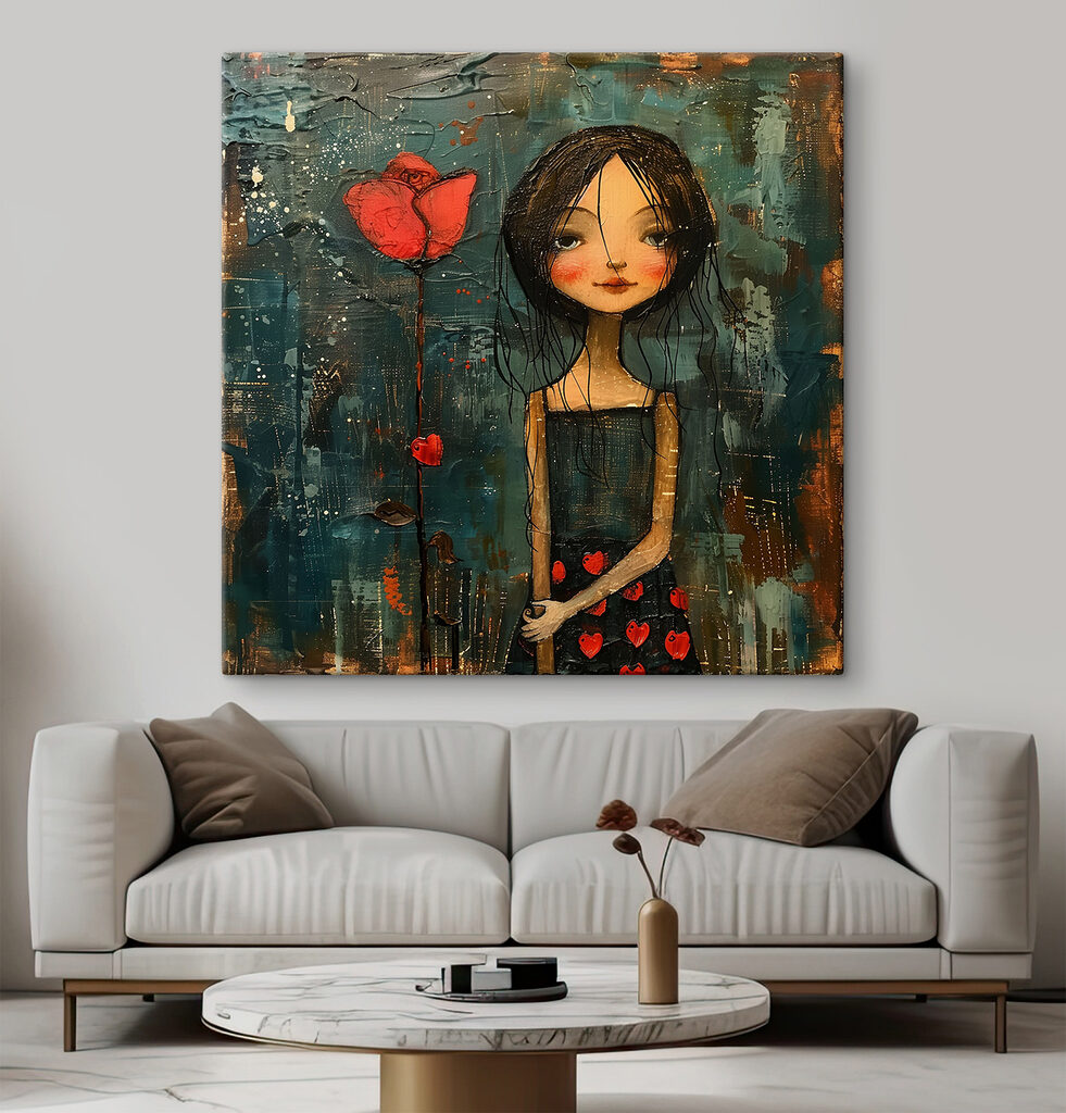 Mädchen mit Mohnblume in einem Interieur