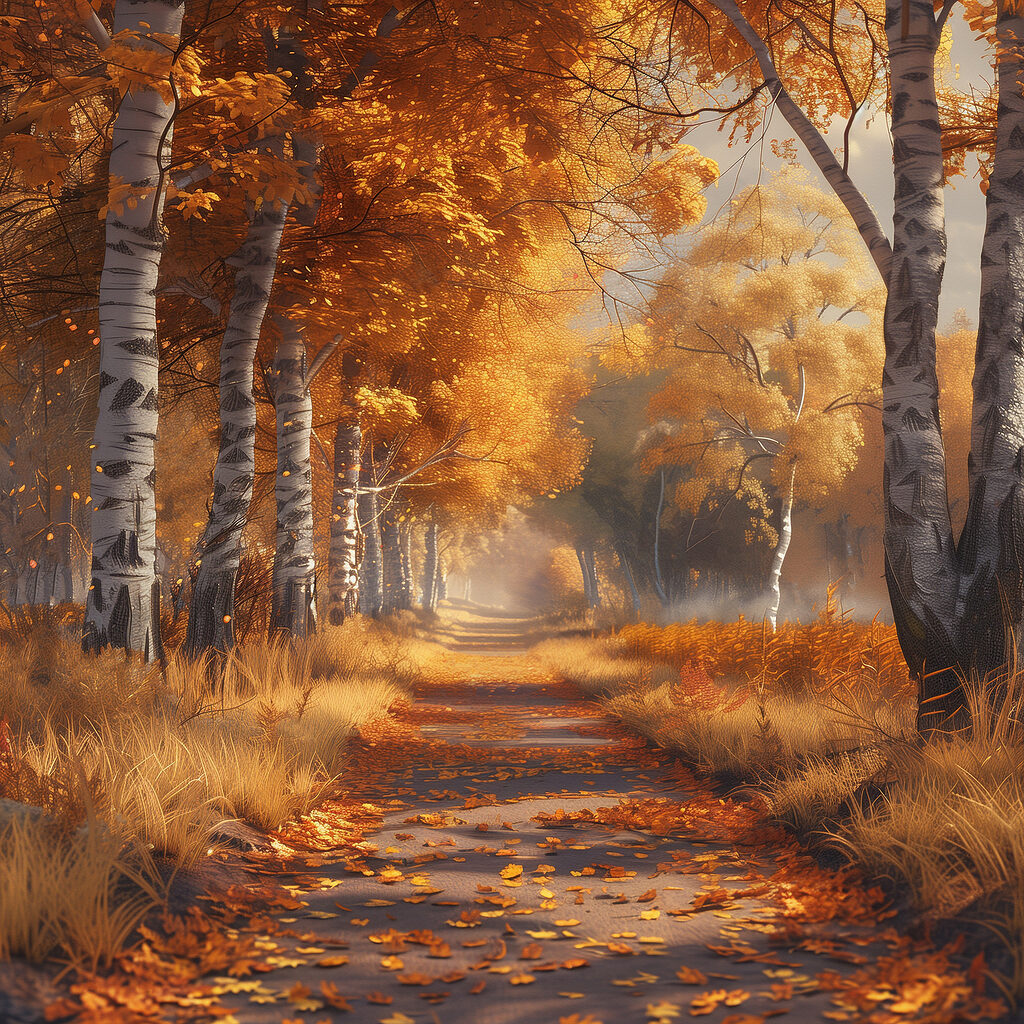 Goldener Weg zwischen Birken — ganzes Design