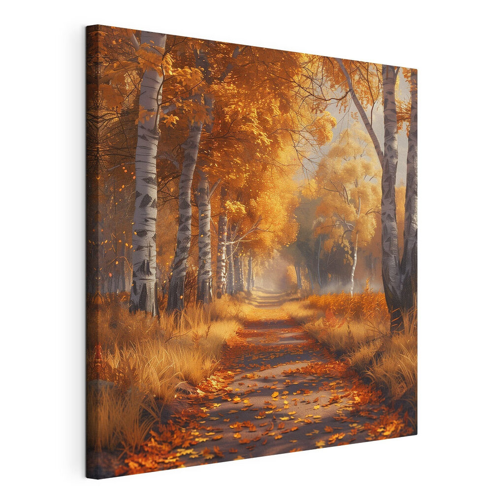 Goldener Weg zwischen Birken, gespannte Leinwand mit umlaufender Kante