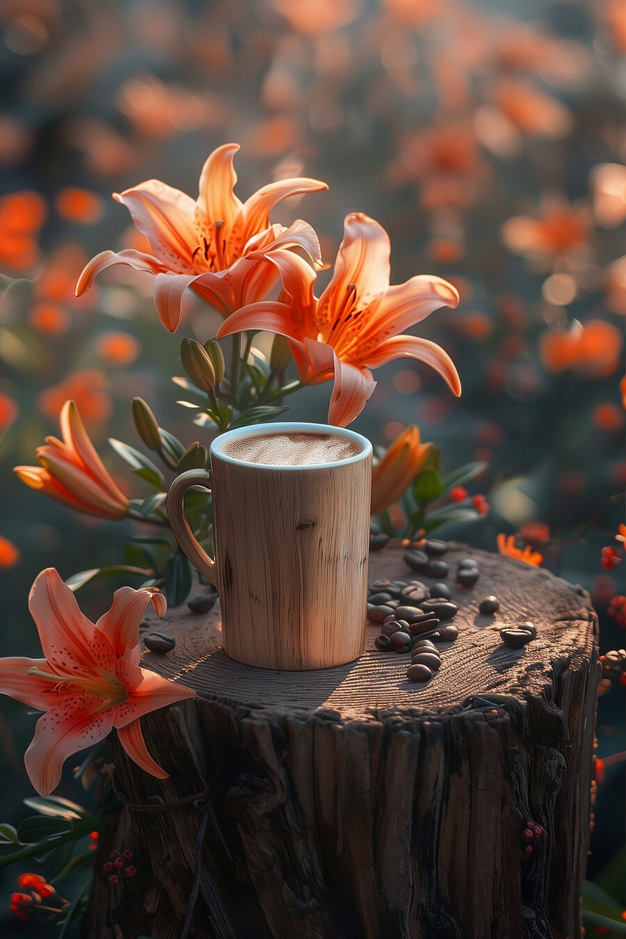 Kaffee zwischen Lilien — ganzes Design