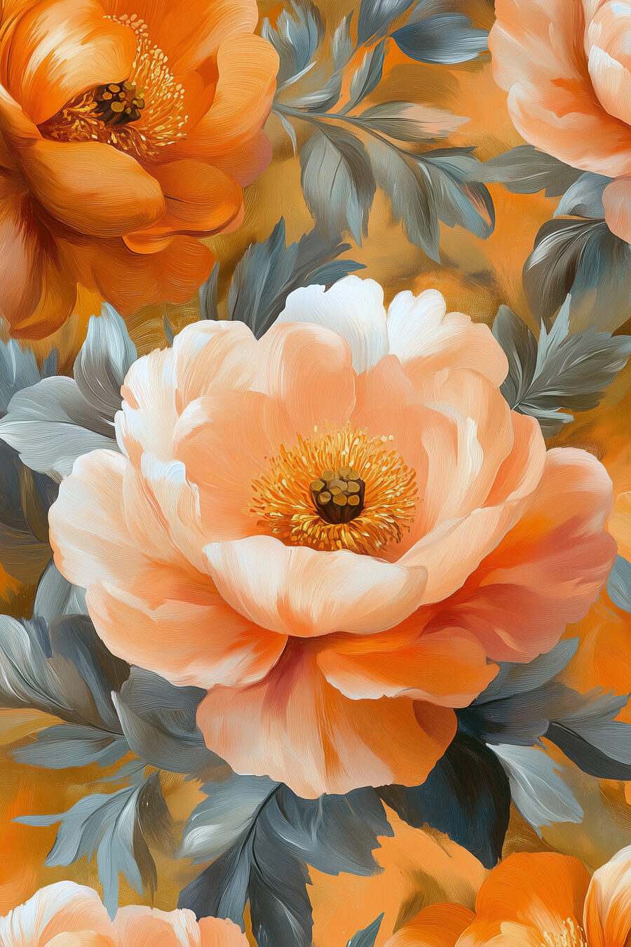 Pfirsichfarbene Blüte zwischen Blättern — ganzes Design