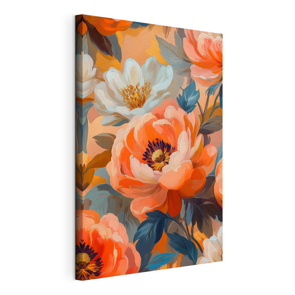 Orange und cremeweiße Blüten, gespannte Leinwand mit umlaufender Kante
