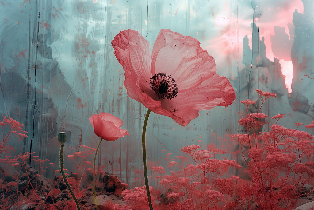 Rosa Mohn, blauer Nebel — ganzes Design