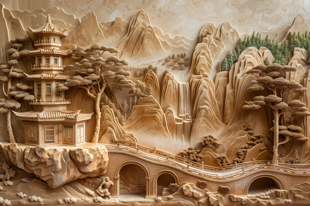 Pagode zwischen sandfarbenen Bergen — ganzes Design