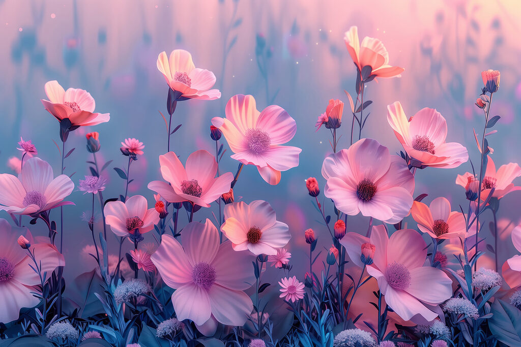 Rosa Blüten vor Lila — ganzes Design