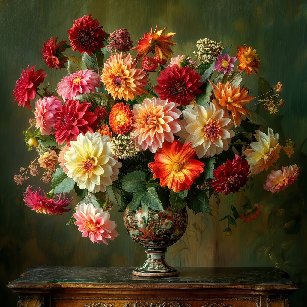 Dahlien in grüner Vase — ganzes Design