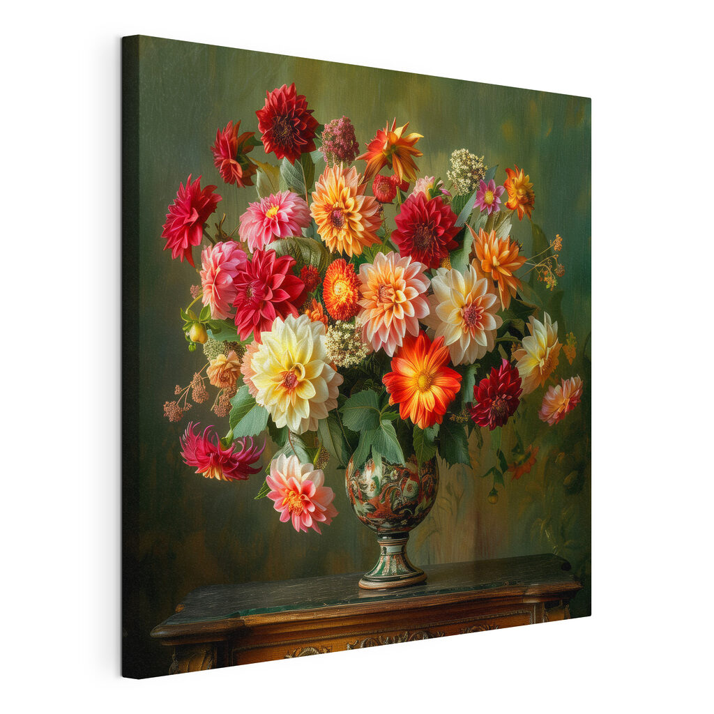 Dahlien in grüner Vase, gespannte Leinwand mit umlaufender Kante