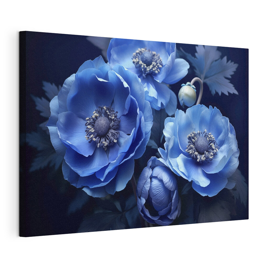 Drei Blüten in Tiefblau, gespannte Leinwand mit umlaufender Kante