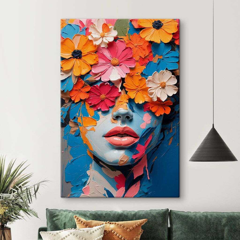 Blumenkrone über roten Lippen in einem Interieur