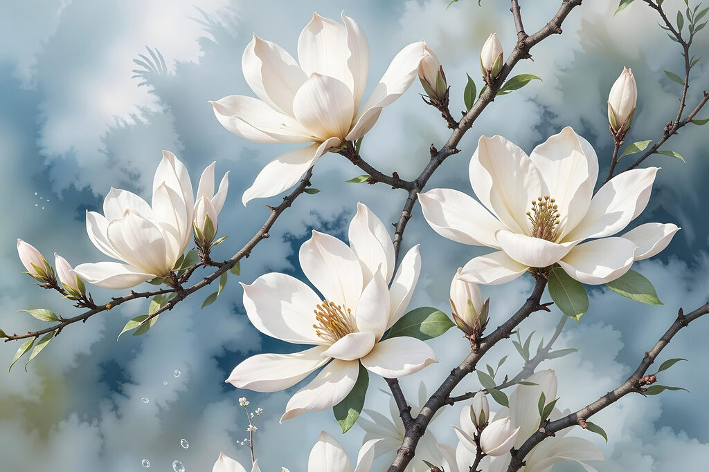 Weiße Magnolie auf Graublau — ganzes Design