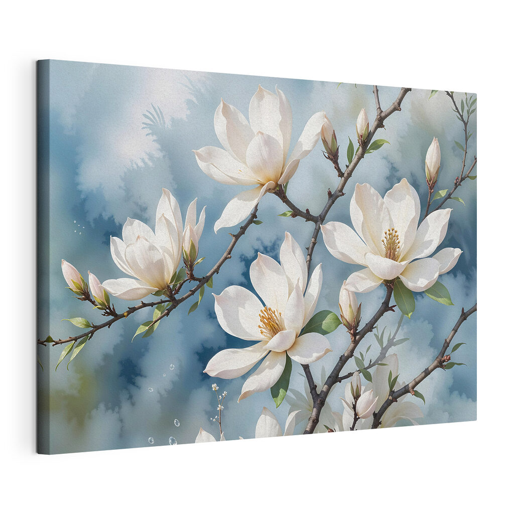 Weiße Magnolie auf Graublau, gespannte Leinwand mit umlaufender Kante