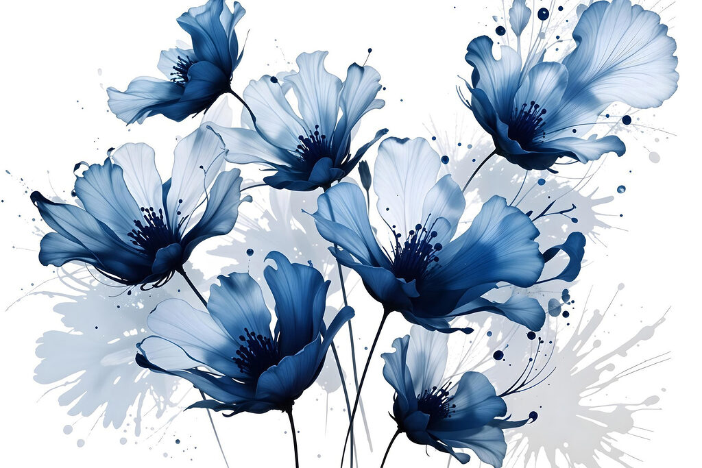 Blaue Blüten mit Tintenspritzern — ganzes Design