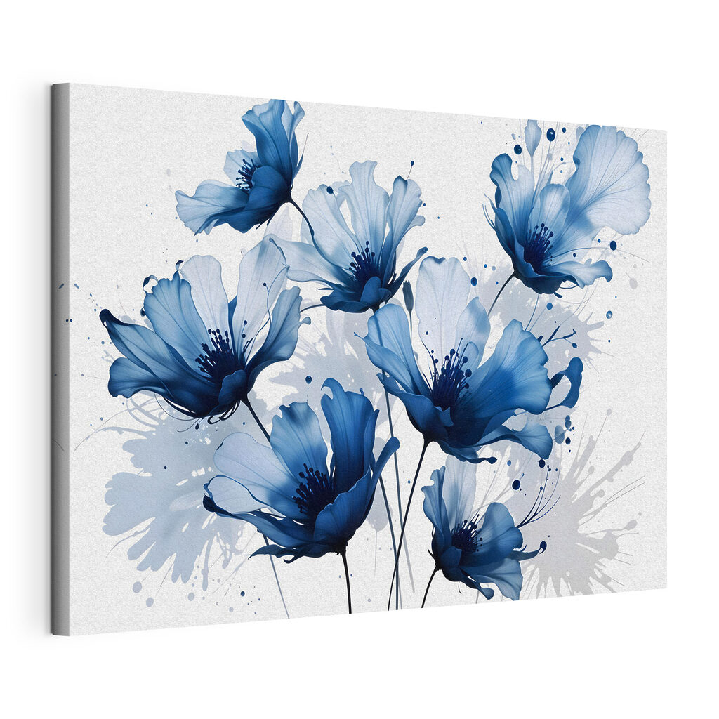 Blaue Blüten mit Tintenspritzern, gespannte Leinwand mit umlaufender Kante