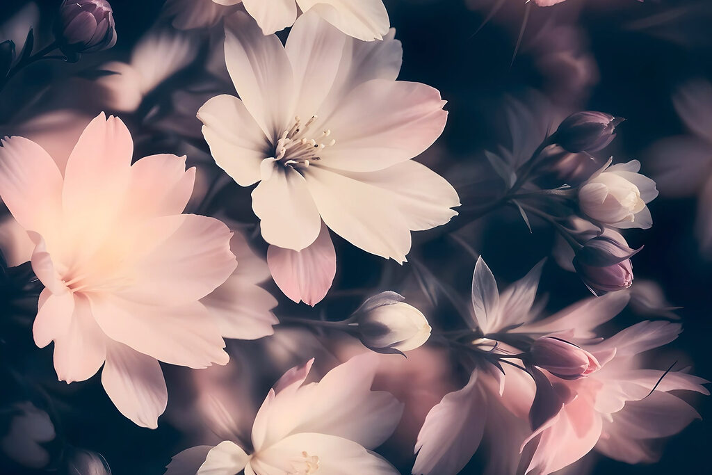 Rosa Blüten im Dunkeln — ganzes Design