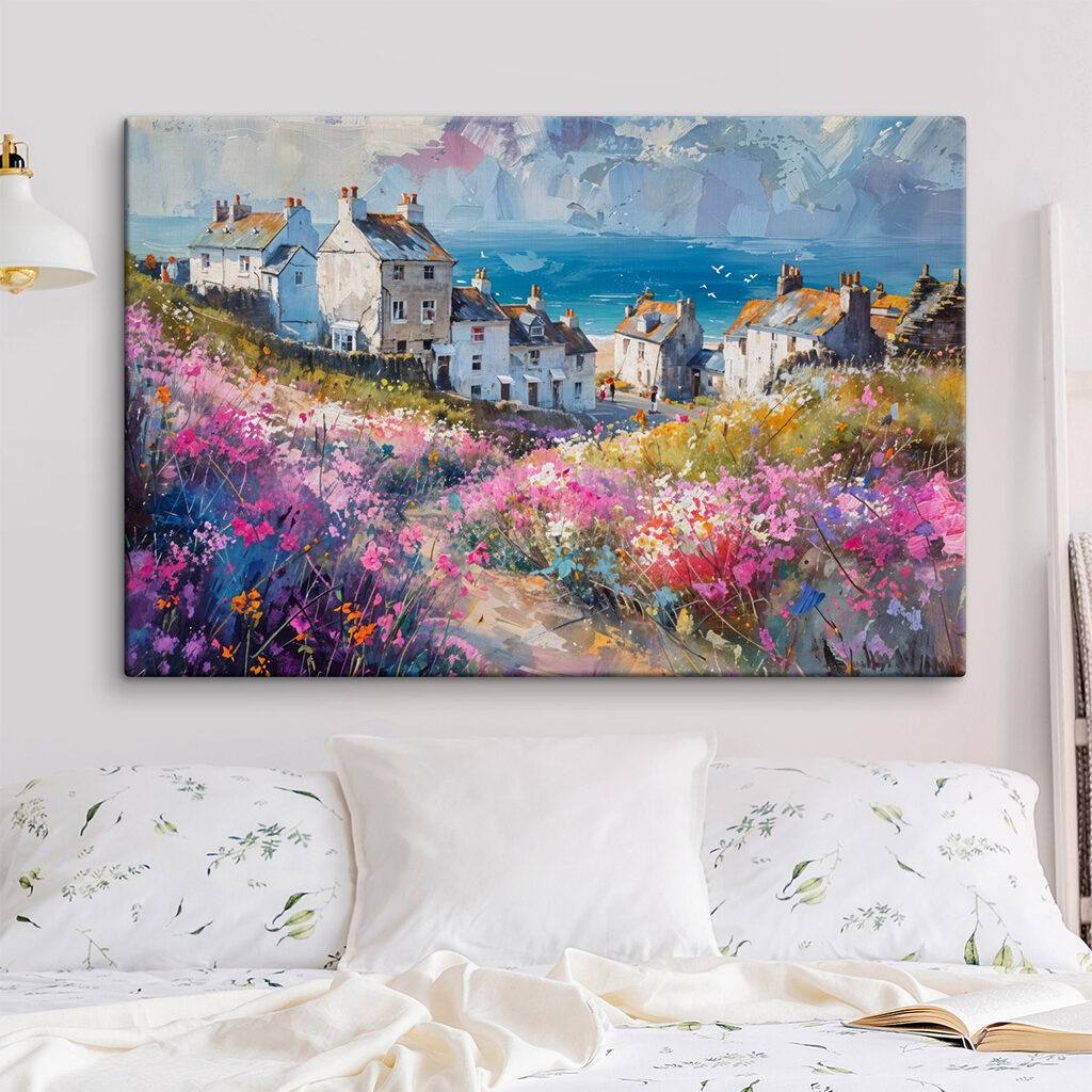 Blumenweg zu weißen Küstenhäusern in einem Interieur
