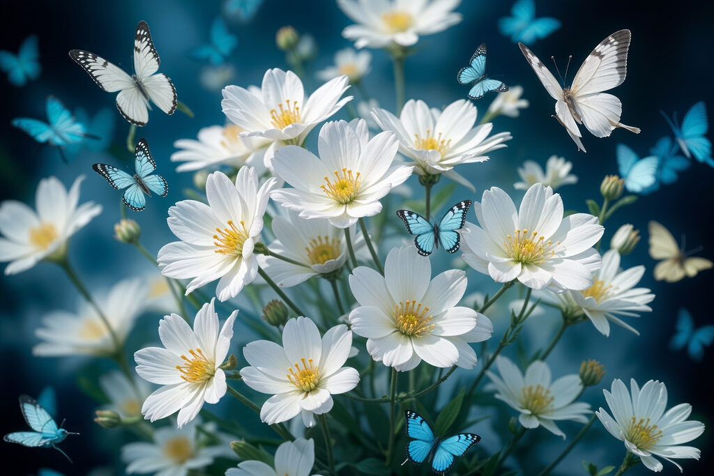 Schmetterlinge über weißen Blüten — ganzes Design