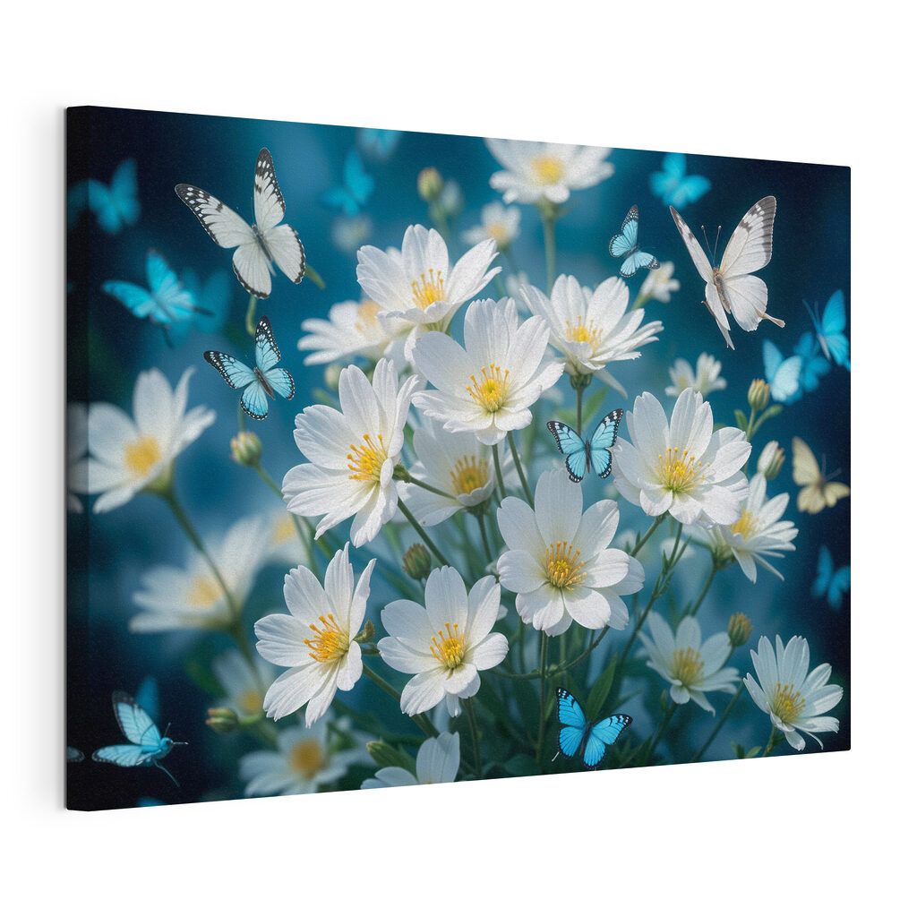 Schmetterlinge über weißen Blüten, gespannte Leinwand mit umlaufender Kante