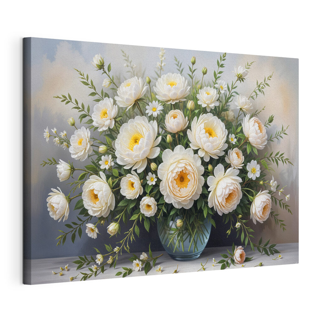 Vase mit weißen Rosen, gespannte Leinwand mit umlaufender Kante