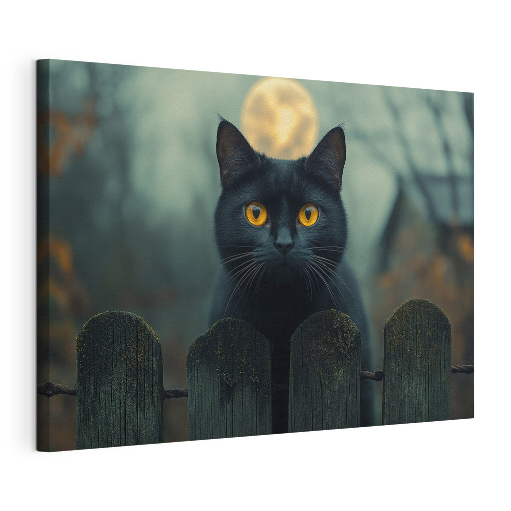 Katze am nächtlichen Zaun, gespannte Leinwand mit umlaufender Kante