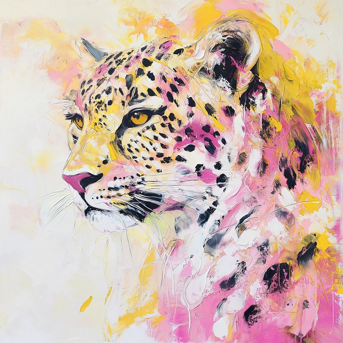 Leopard zwischen rosa Aquarellspritzern — ganzes Design
