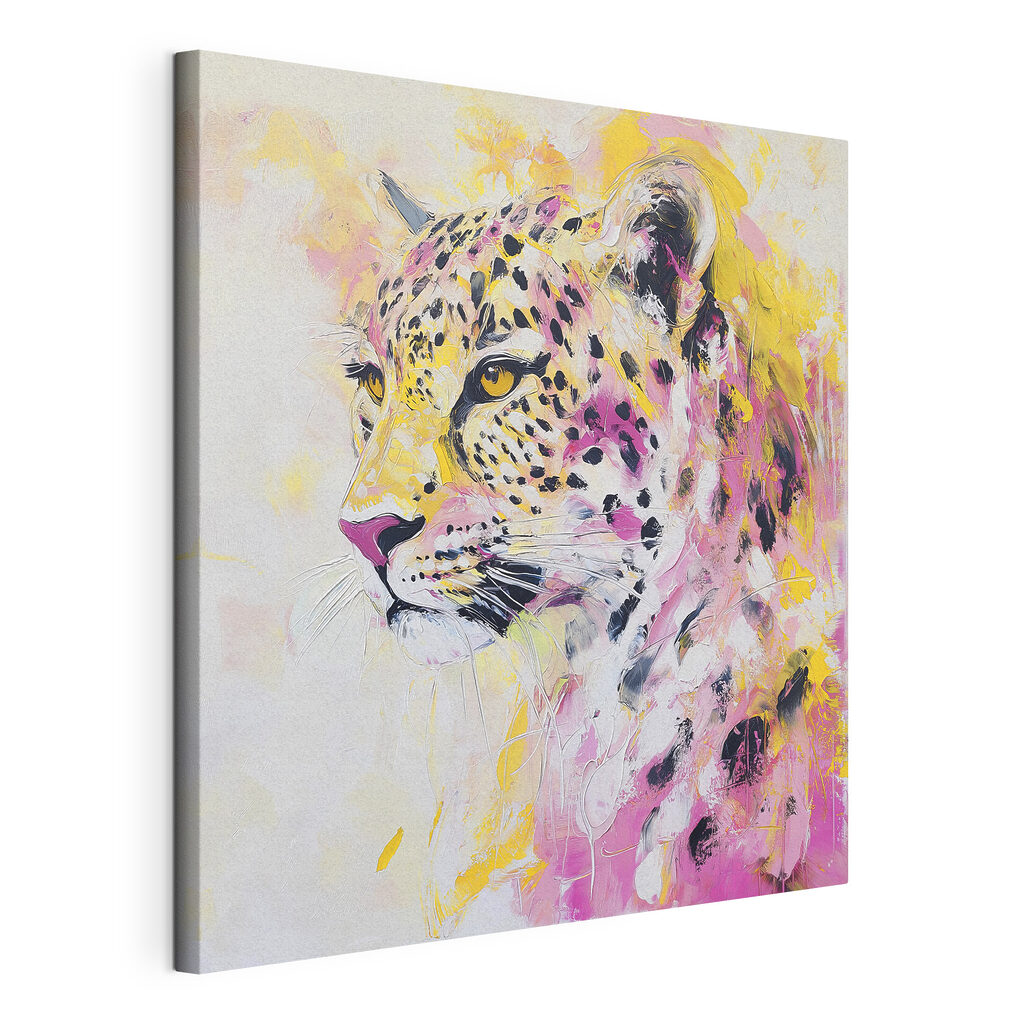 Leopard zwischen rosa Aquarellspritzern, gespannte Leinwand mit umlaufender Kante