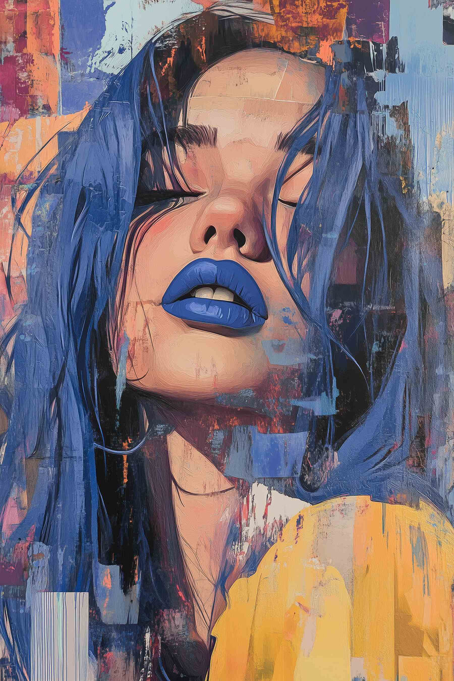 Blaue Lippen hinter Farbstreifen — ganzes Design