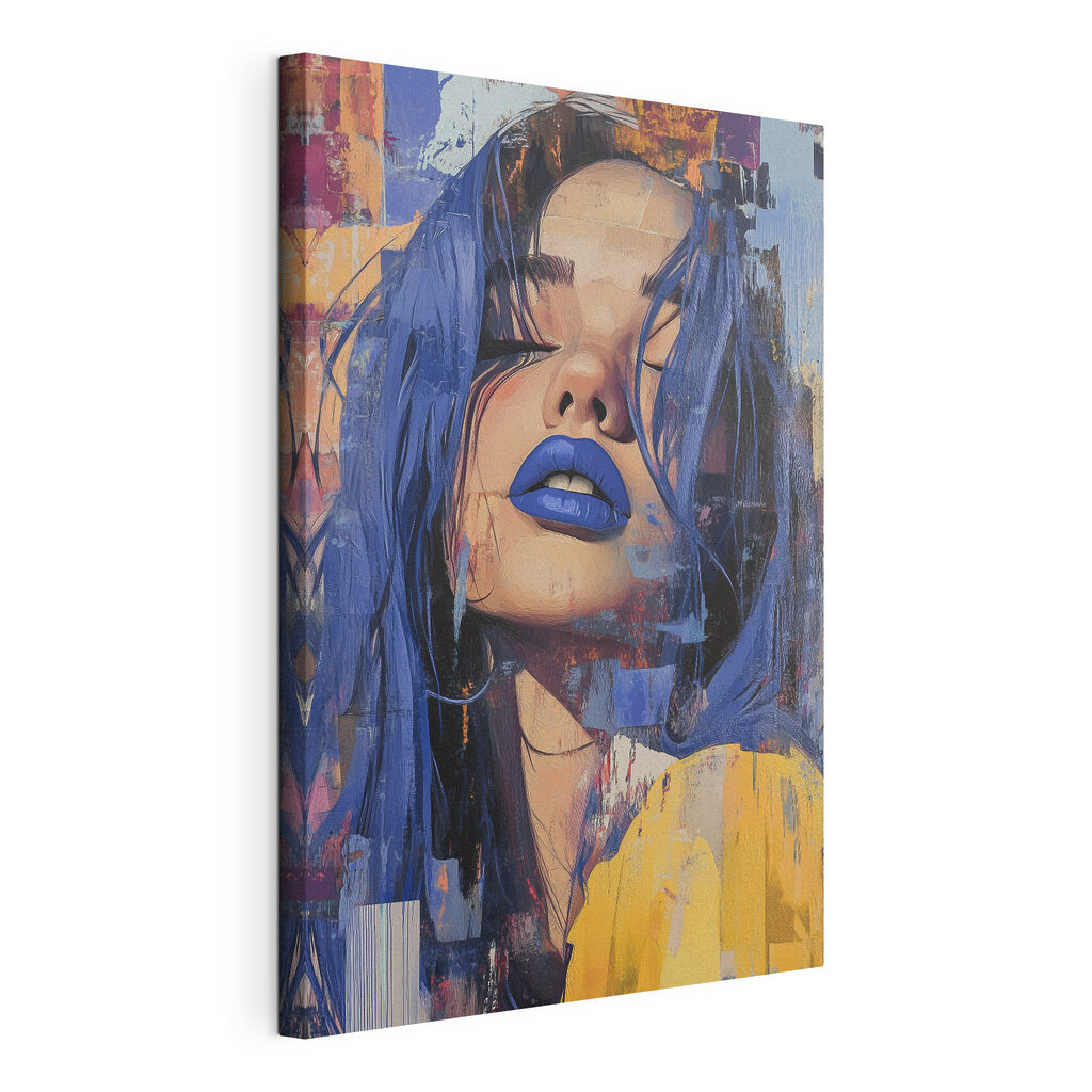 Blaue Lippen hinter Farbstreifen, gespannte Leinwand mit umlaufender Kante