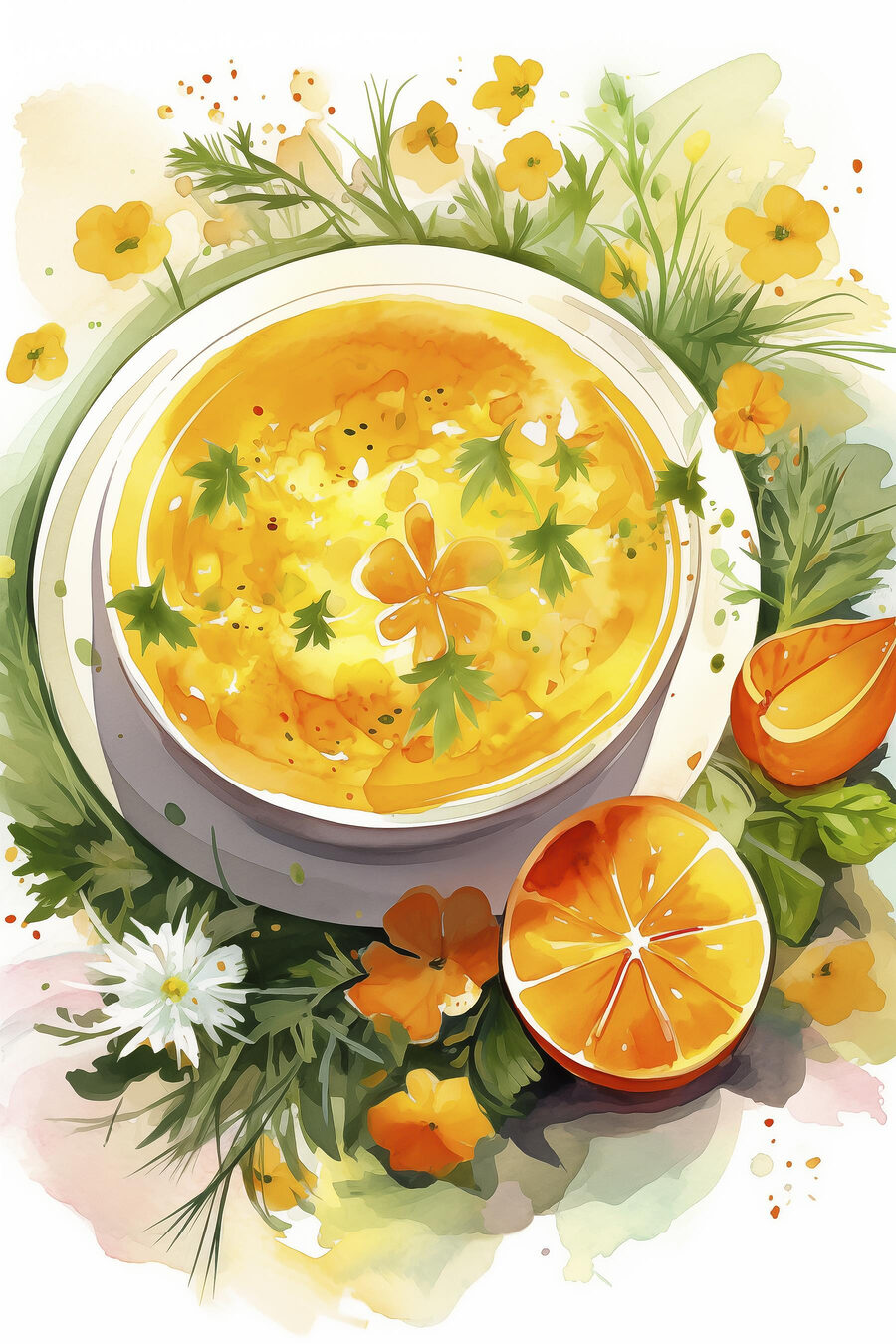 Suppe zwischen sonnigen Blumen — ganzes Design