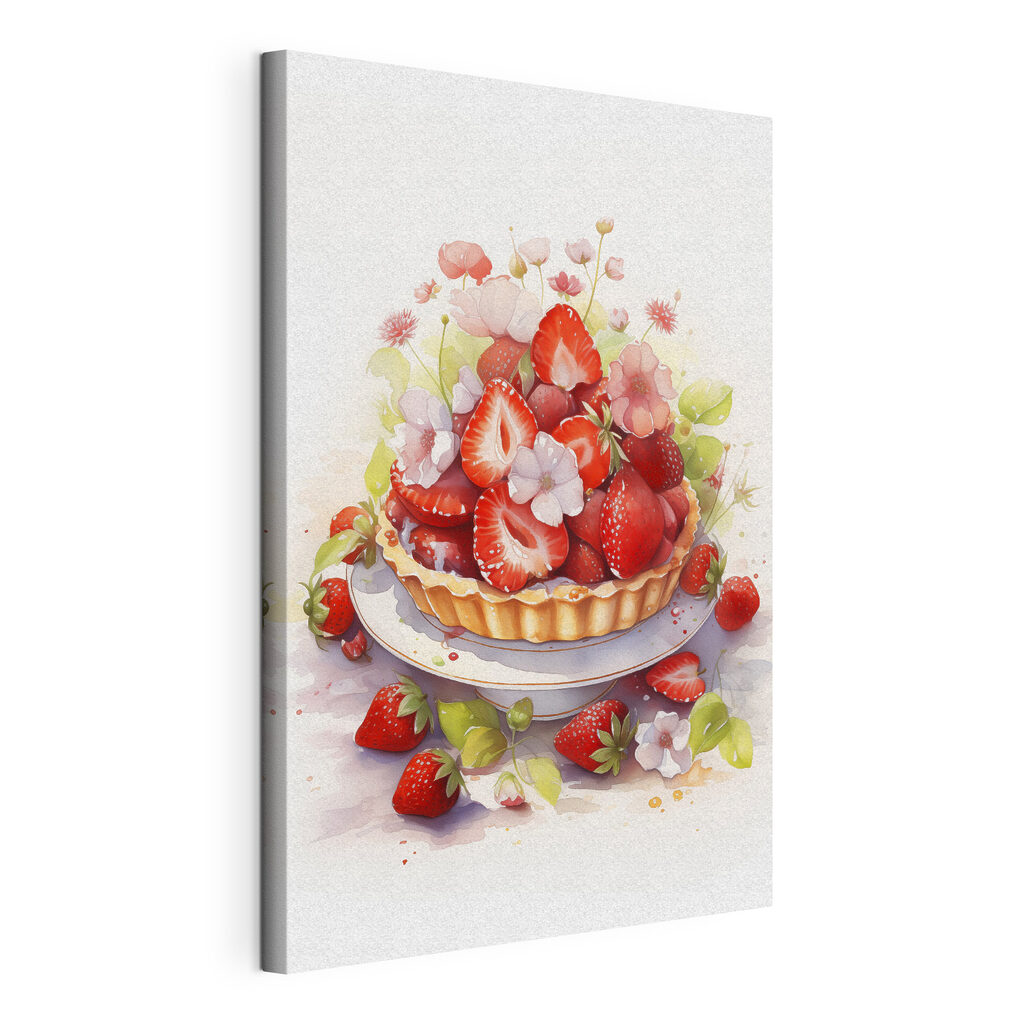 Erdbeertorte zwischen Blüten, gespannte Leinwand mit umlaufender Kante