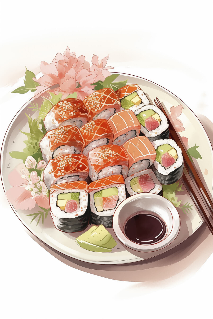 Sushiplatte mit rosa Blüte — ganzes Design