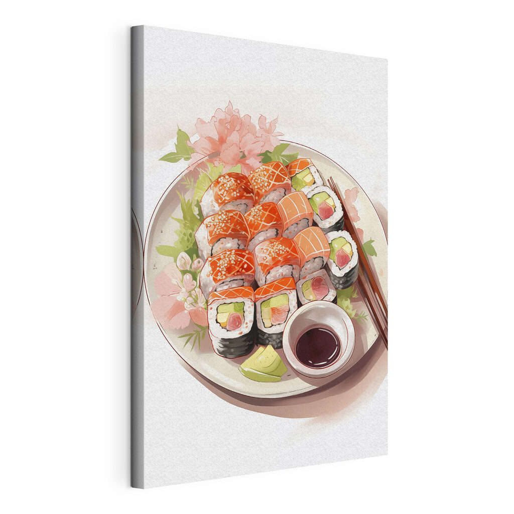 Sushiplatte mit rosa Blüte, gespannte Leinwand mit umlaufender Kante
