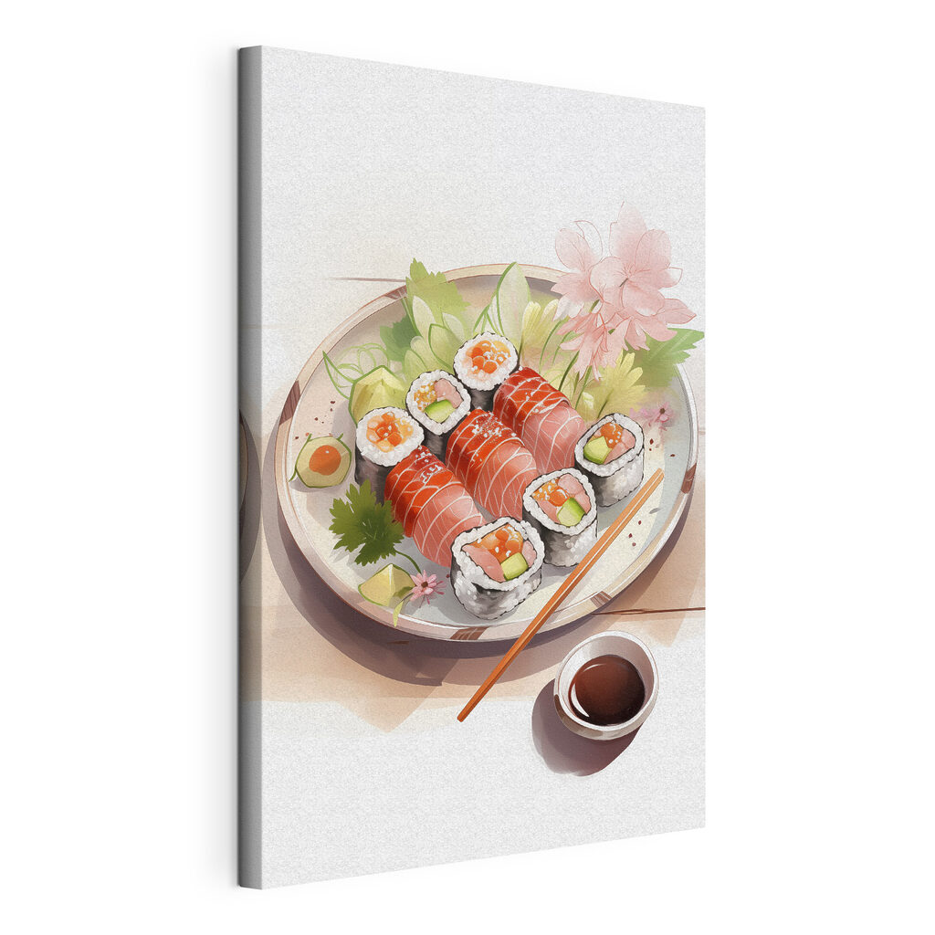 Sushi unter dem Blütenzweig, gespannte Leinwand mit umlaufender Kante