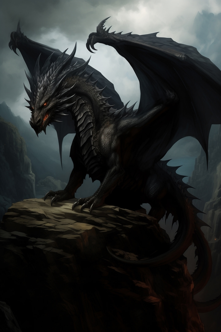 Dunkler Drache über Felsen — ganzes Design