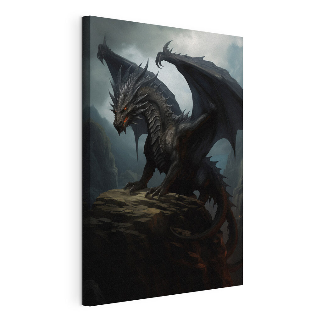 Dunkler Drache über Felsen, gespannte Leinwand mit umlaufender Kante