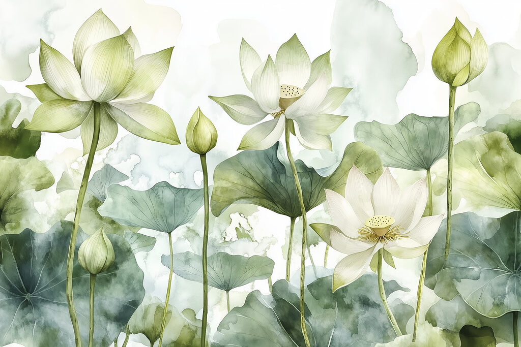Weiße Lotusblüten zwischen Blättern — ganzes Design