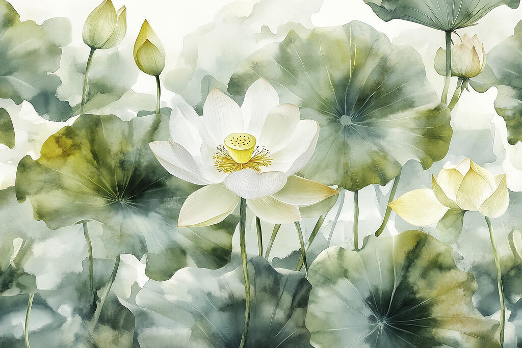 Weißer Lotus zwischen Blattkreisen — ganzes Design