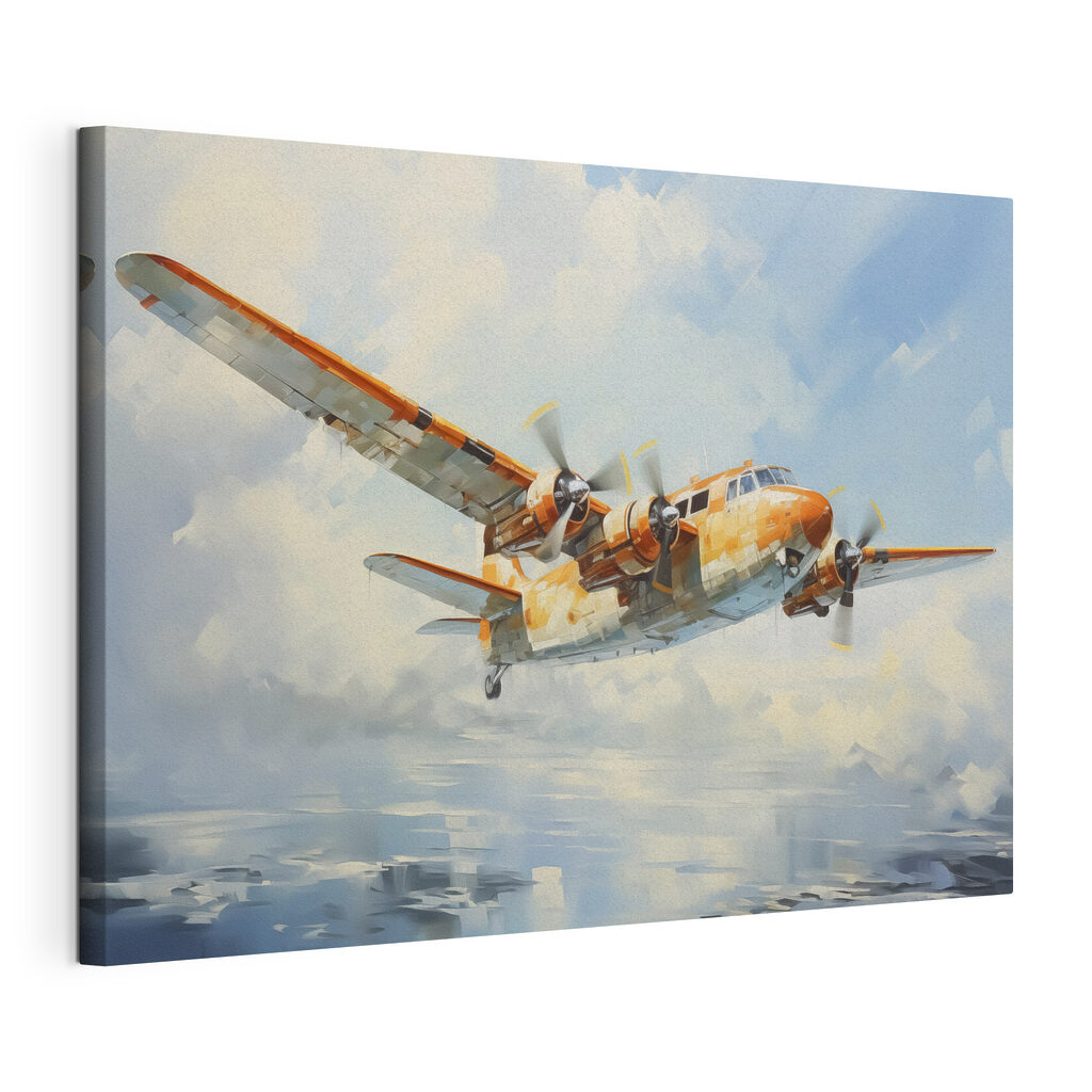 Flugzeug in gemalten Wolken, gespannte Leinwand mit umlaufender Kante