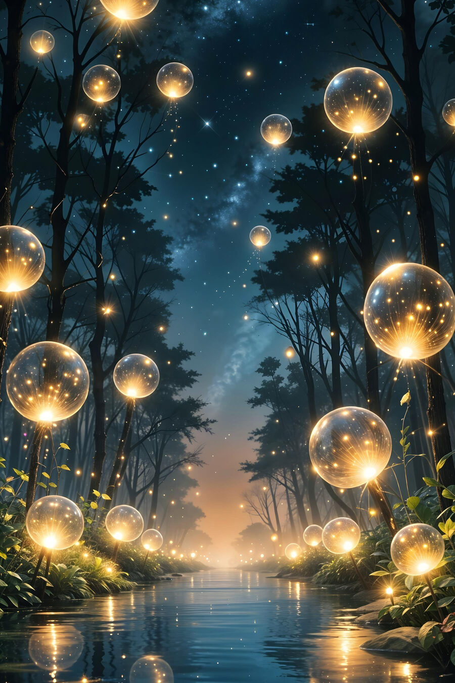 Lichtkugeln im Nachtwald — ganzes Design