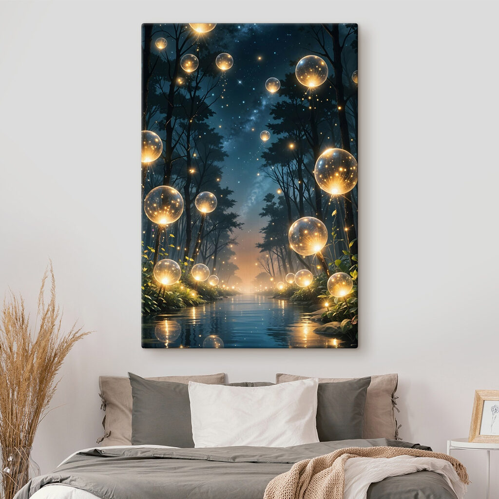 Lichtkugeln im Nachtwald in einem Interieur