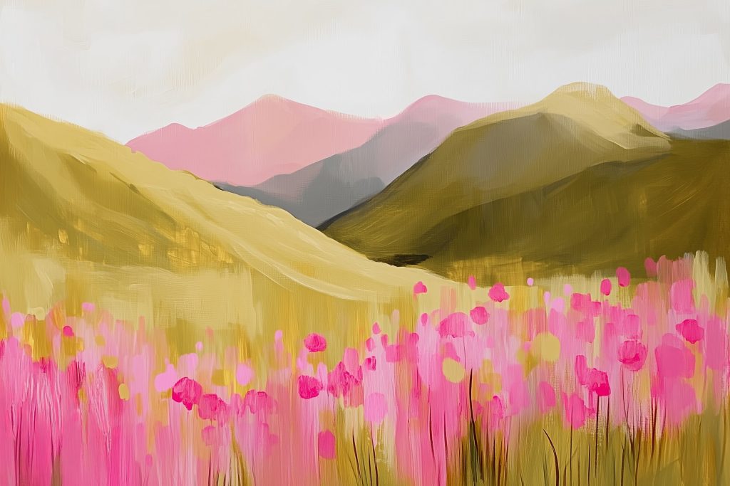 Rosa Blüten vor Hügeln — ganzes Design