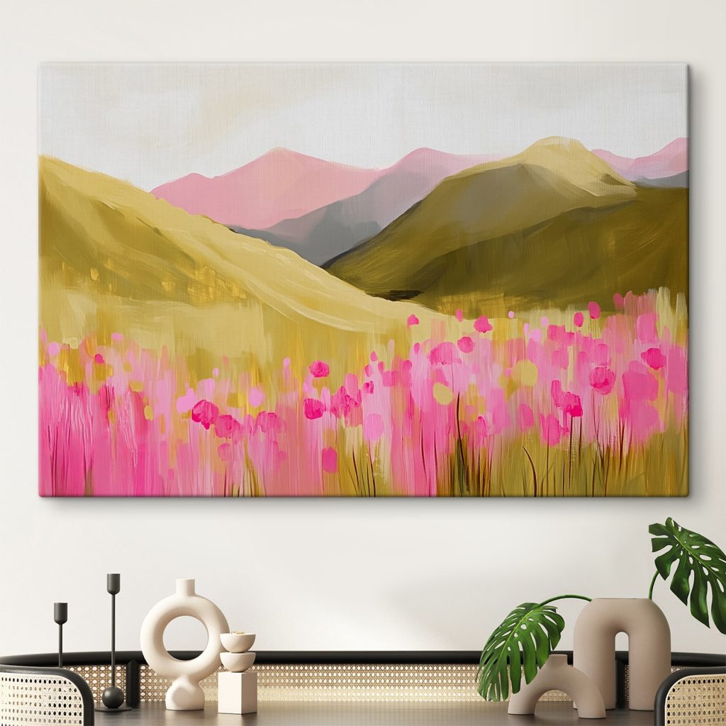 Rosa Blüten vor Hügeln — Interieur 1