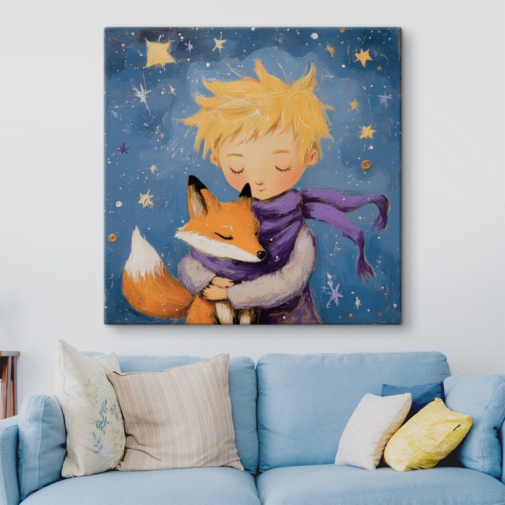 Junge umarmt einen Fuchs in einem Interieur