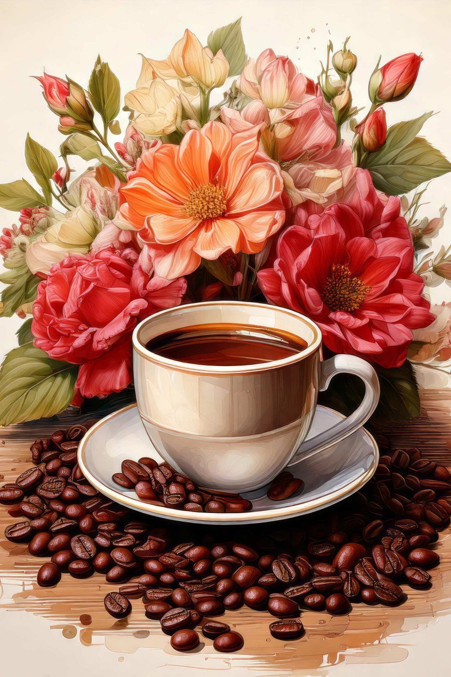 Kaffee unter warmen Rosen — ganzes Design